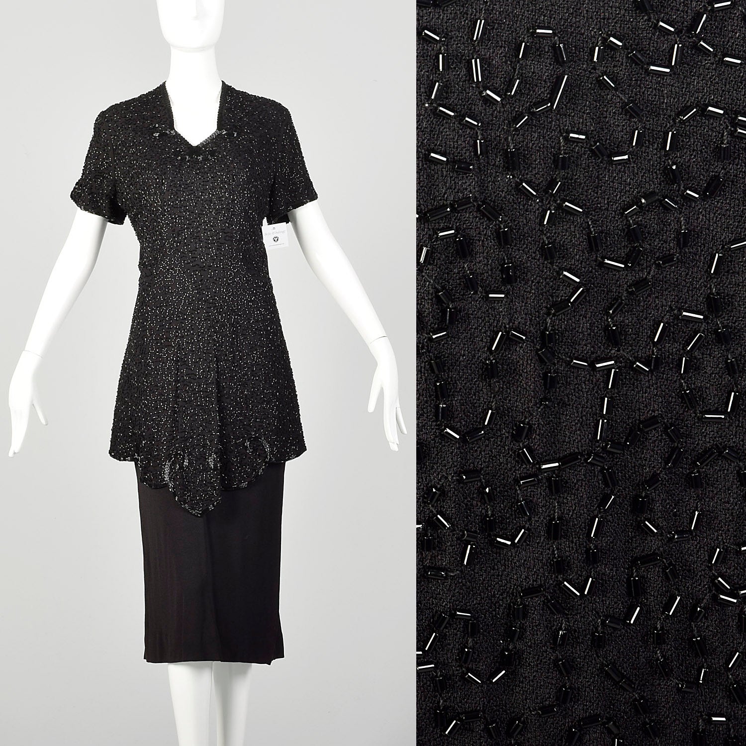 Medium 1940s Little Black Dress Beaded Art Deco Rayon Short Sleeve Peplum