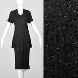 Medium 1940s Little Black Dress Beaded Art Deco Rayon Short Sleeve Peplum