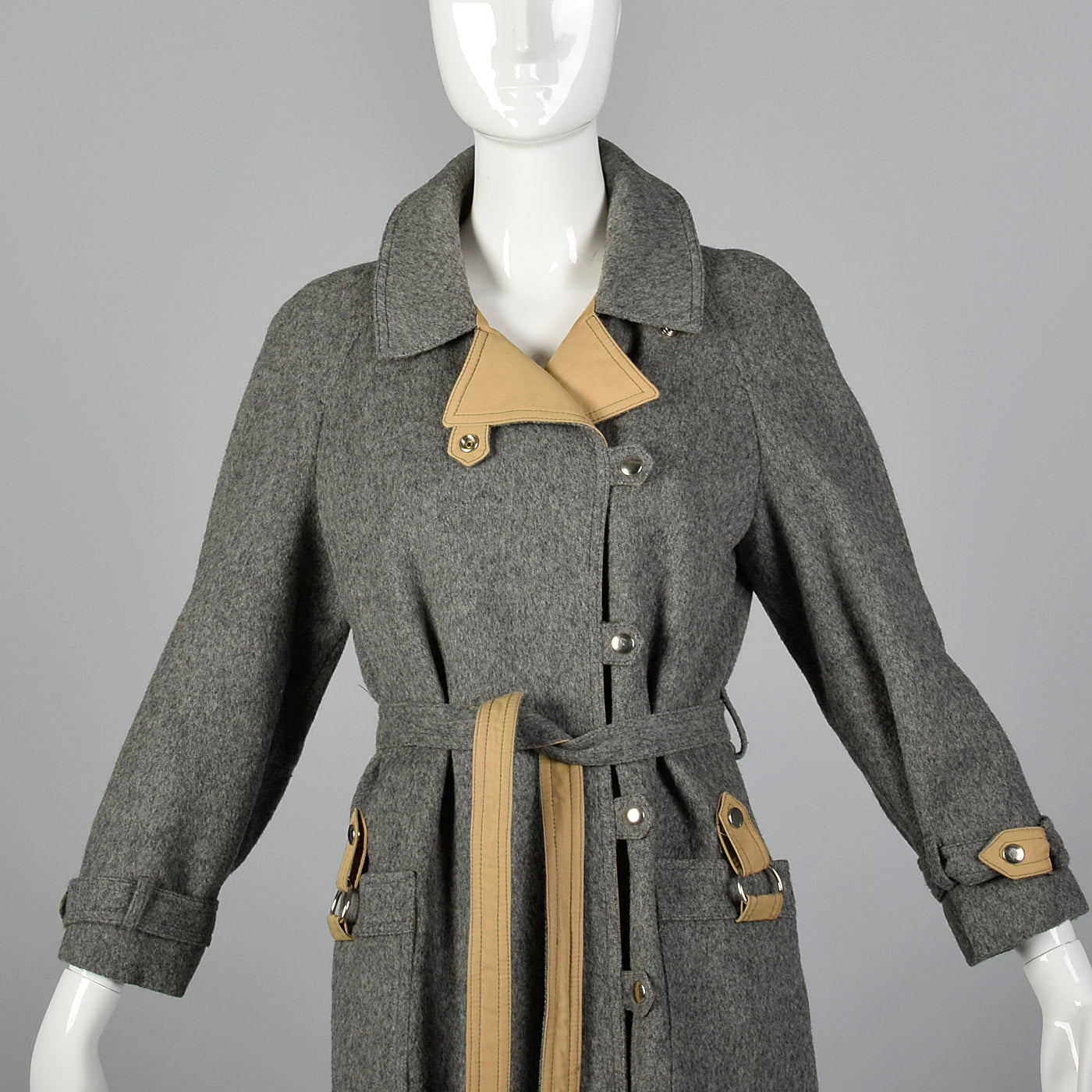 1970s Wool and Canvas Trench Coat with Snap Closures