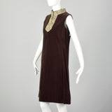 Medium 1960s Teal Traina Brown Shift Dress Sleeveless with Beading