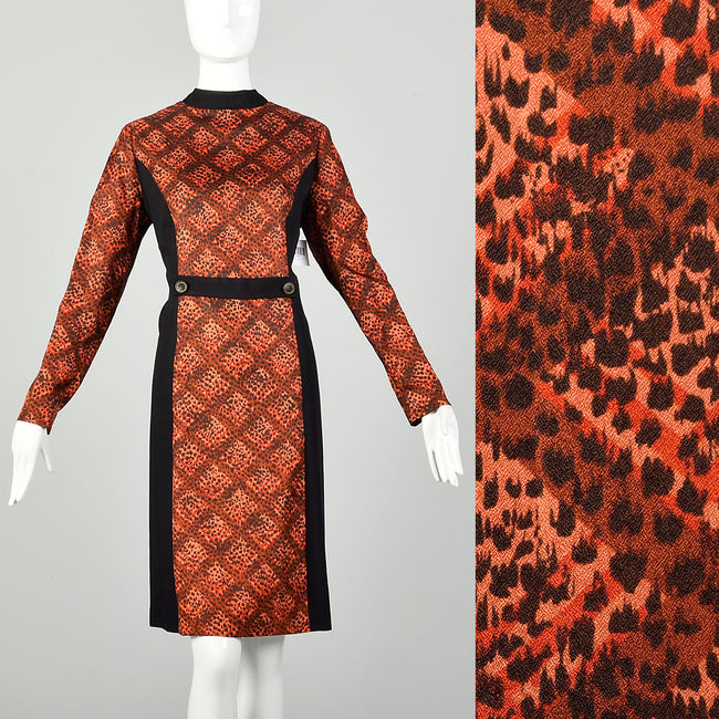 XL 1960s Color Block Shift Dress Long Sleeve Lattice Print