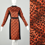 XL 1960s Color Block Shift Dress Long Sleeve Lattice Print
