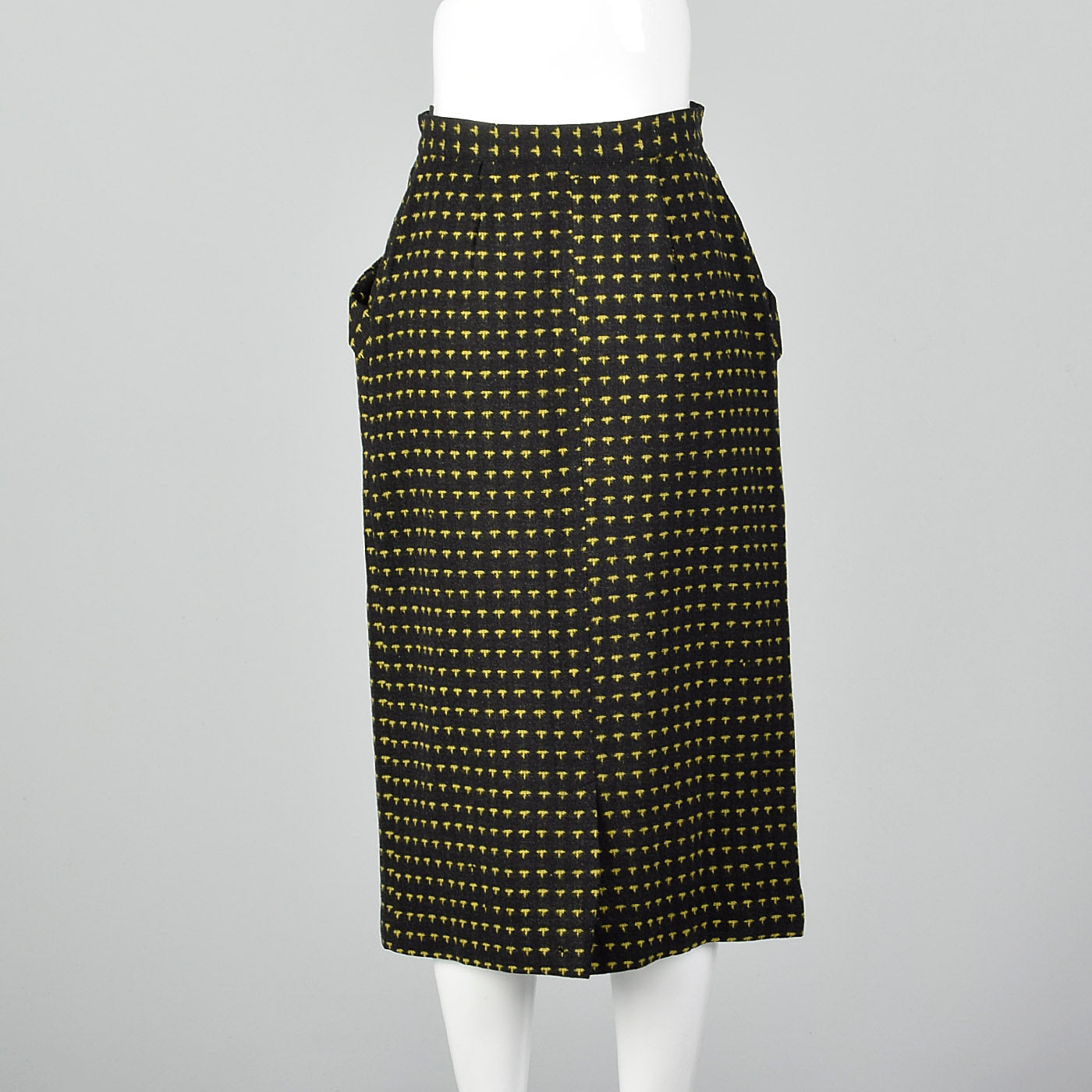Small 1950s Charcoal and Yellow Patterned Pencil Skirt