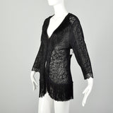 Large 1990s Escada Black Fringe Jacket Goth Sheer Lace Cardigan