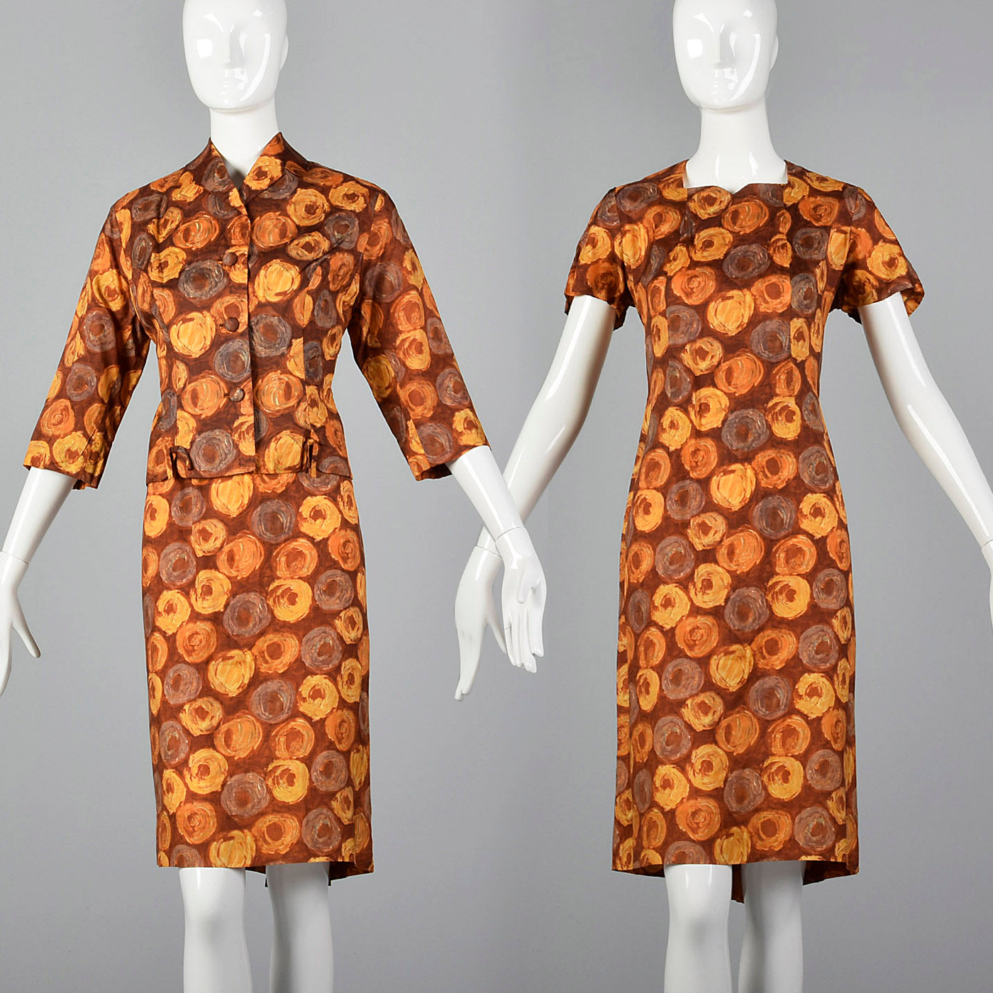 1960s Brown Swirl Print Dress and Jacket Set