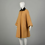 Large 1950s Swing Coat Mustard Yellow Boucle Wool Wind Cuffs Wide Sleeves Velvet Collar