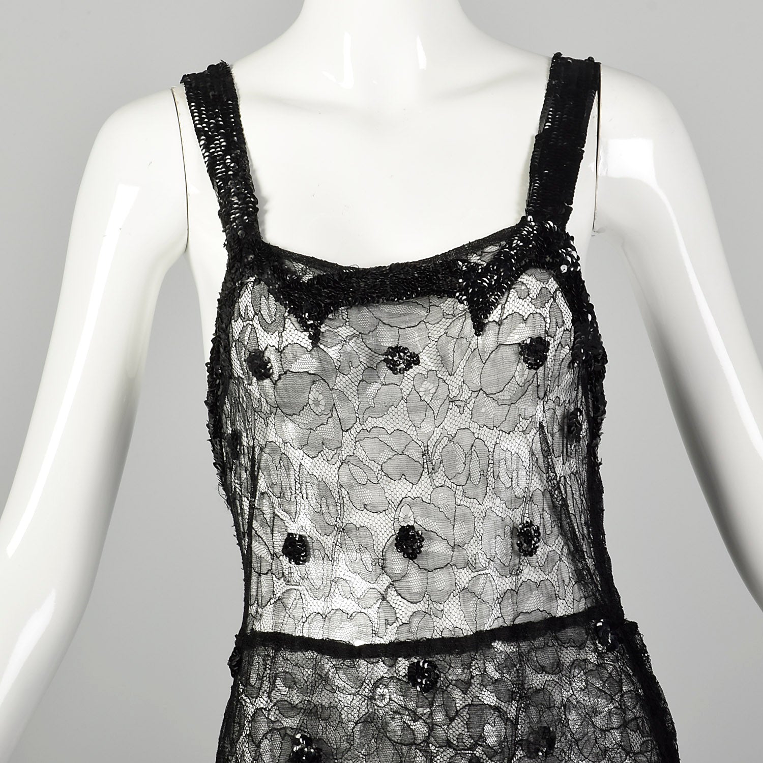 Small 1930s Black Lace Peplum Dress Sheer Sleeveless Gown Style & Salvage Small 1930s Black Lace Peplum Dress Sheer Sleeveless Gown Style & Salvage