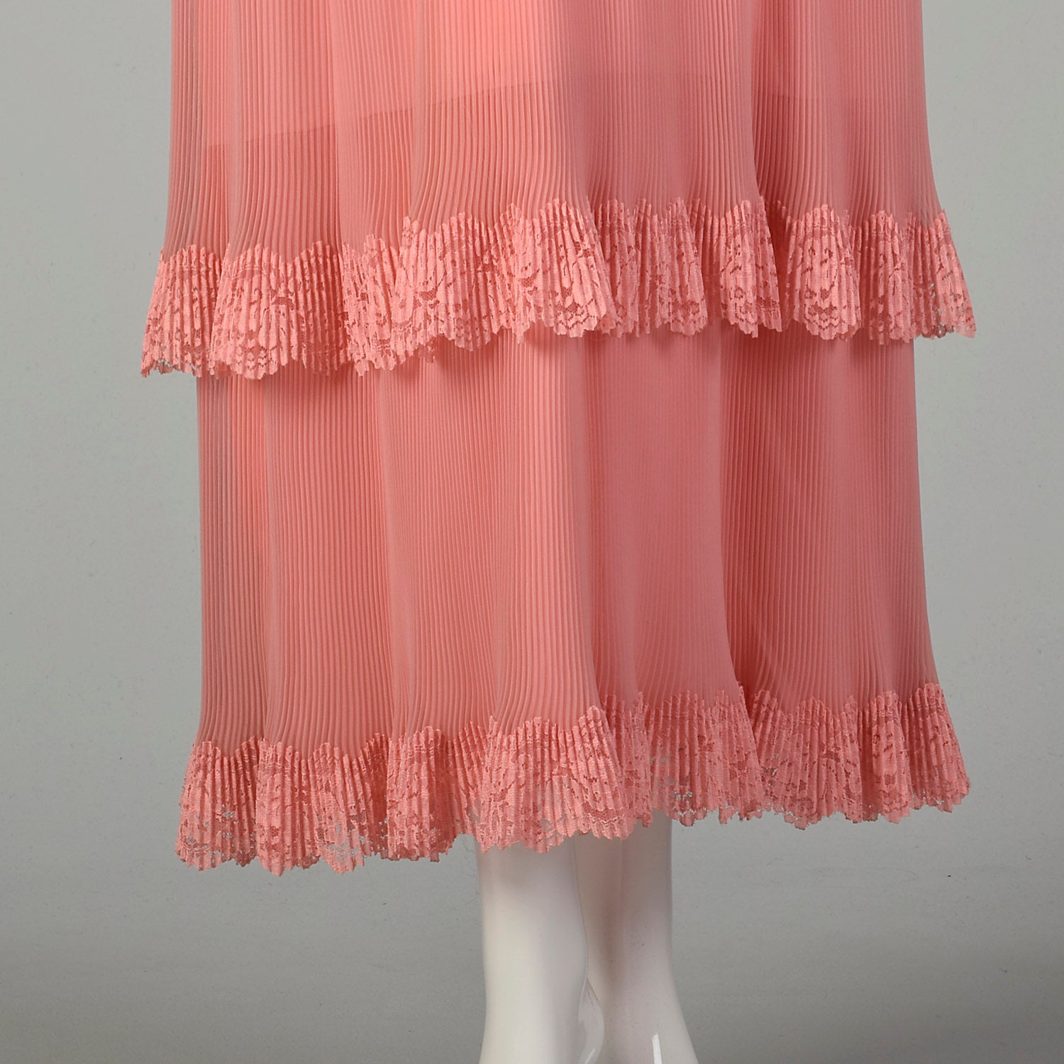 Medium 1970s Miss Elliette Dress Pleated Tiered Maxi Gown Pink Lace Capelet