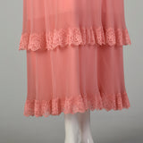 Medium 1970s Miss Elliette Dress Pleated Tiered Maxi Gown Pink Lace Capelet