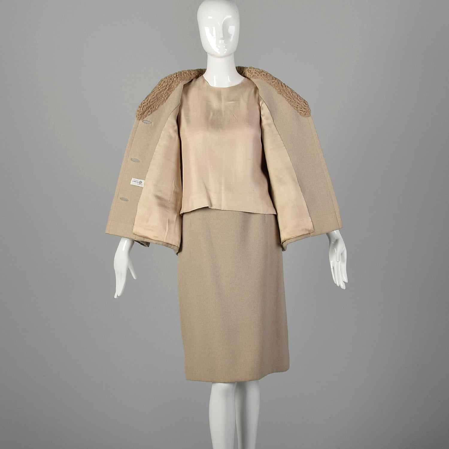 Medium 1960s Tan Three Piece Wool Skirt Suit