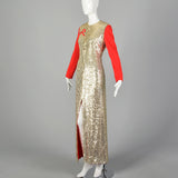 Medium Oscar de la Renta 1970s Long Gold Sequin Red Sleeve Dress