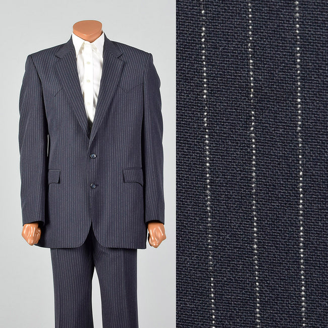 42L 1970s Mens Two Piece Suit Blue Pinstripe