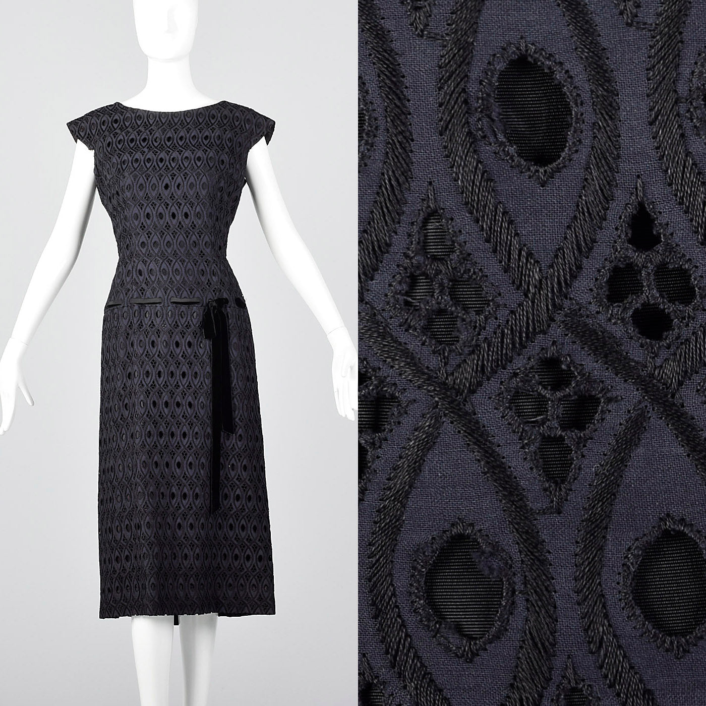1950s Navy and Black Eyelet Dress with Drop Waist Illusion
