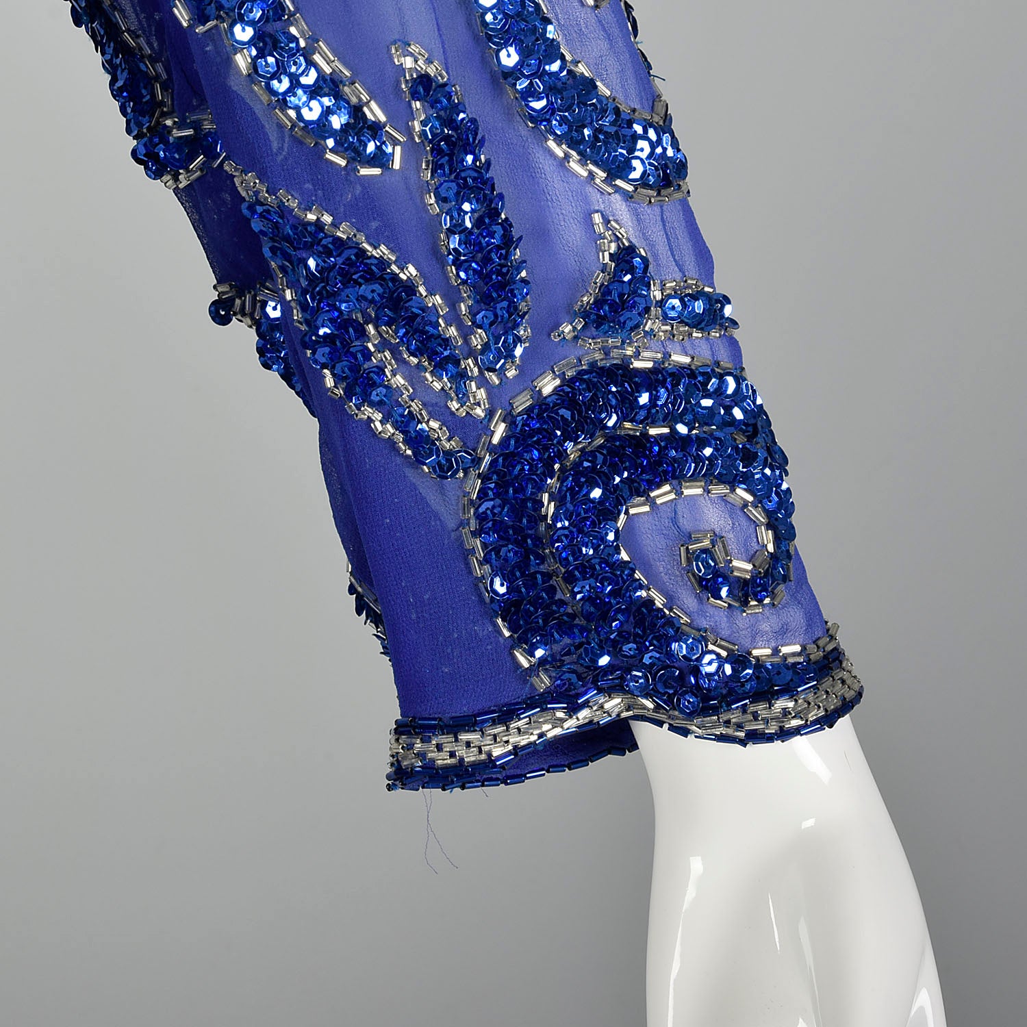 XXL Royal Blue Silk Beaded Evening Cocktail Dress Semi Formal Long Sleeve
