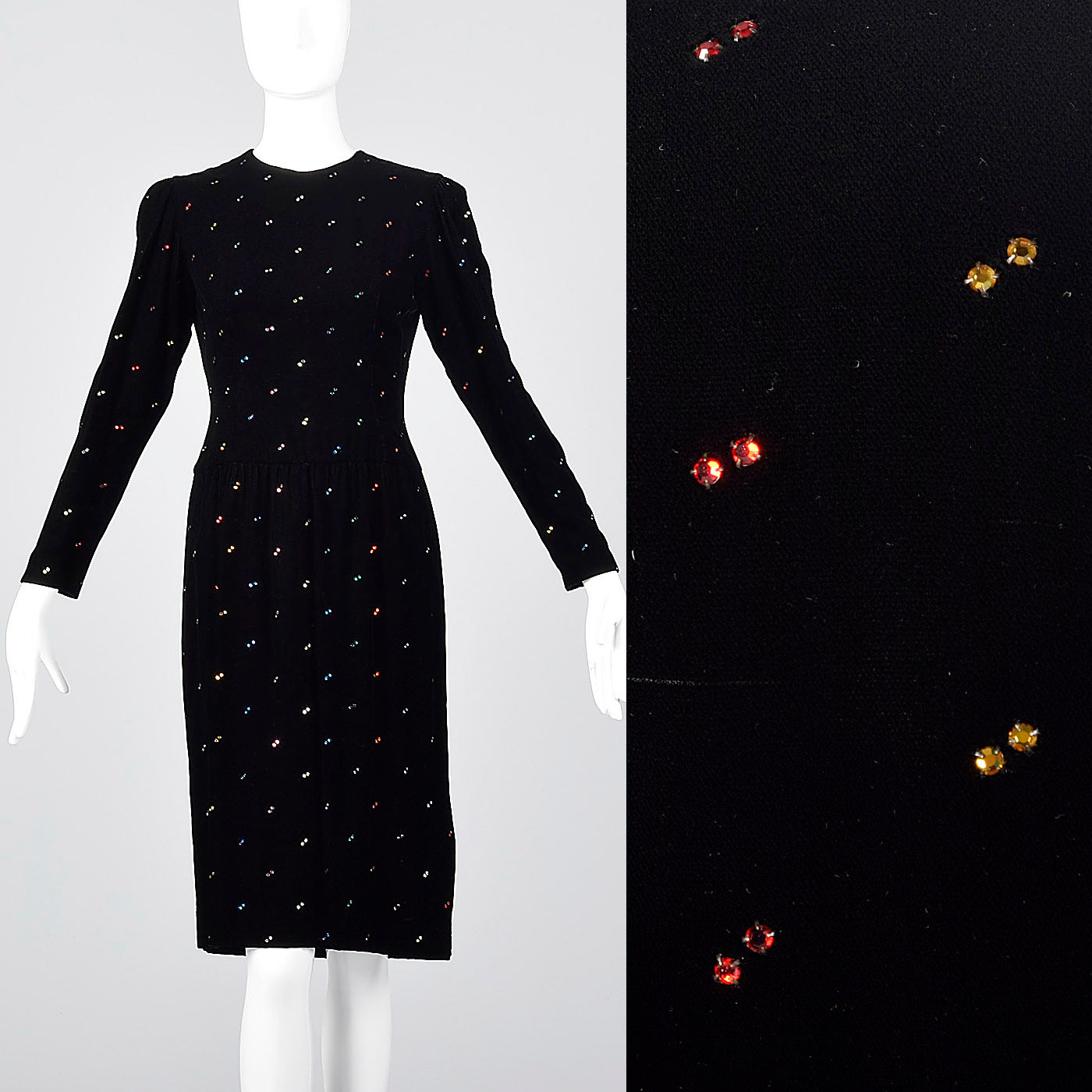 1980s Oscar de la Renta Black Velvet Dress with Rainbow Rhinestones