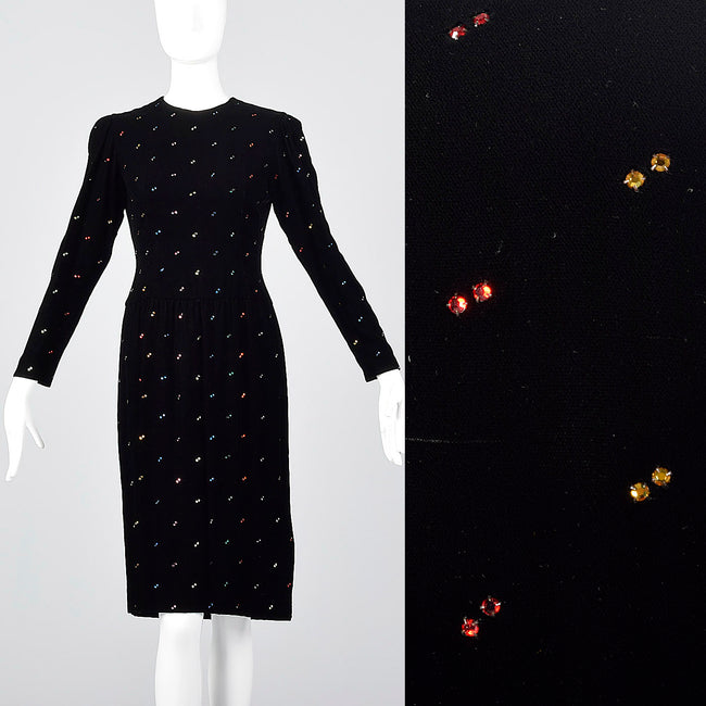 1980s Oscar de la Renta Black Velvet Dress with Rainbow Rhinestones