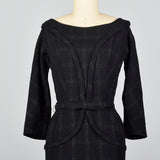1950s Black Wool Dress with Silver Metallic Plaid