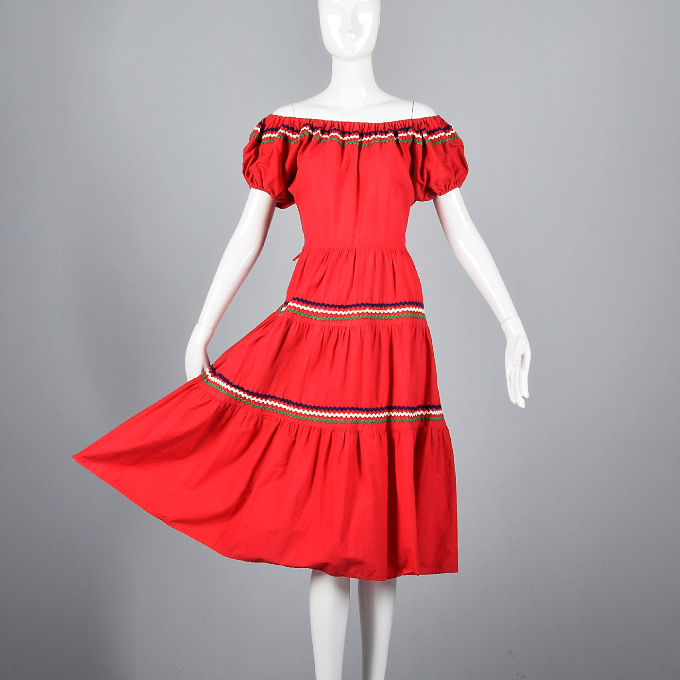 1950s Bohemian Off Shoulder Dress in Red Cotton