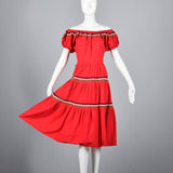 1950s Bohemian Off Shoulder Dress in Red Cotton