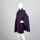 OSFM 1980s Purple Blue Green Red Plaid Wool Poncho Long Cape Woven Textile Jewel Tone Wrap