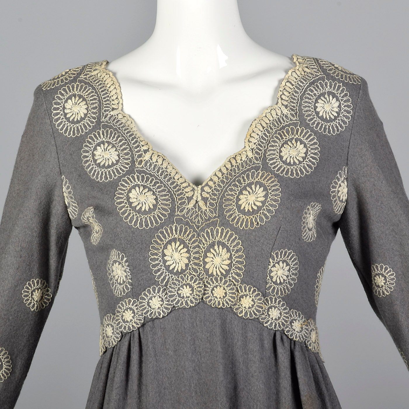 1970s Saks Fifth Avenue Gray Wool Dress with Embroidery