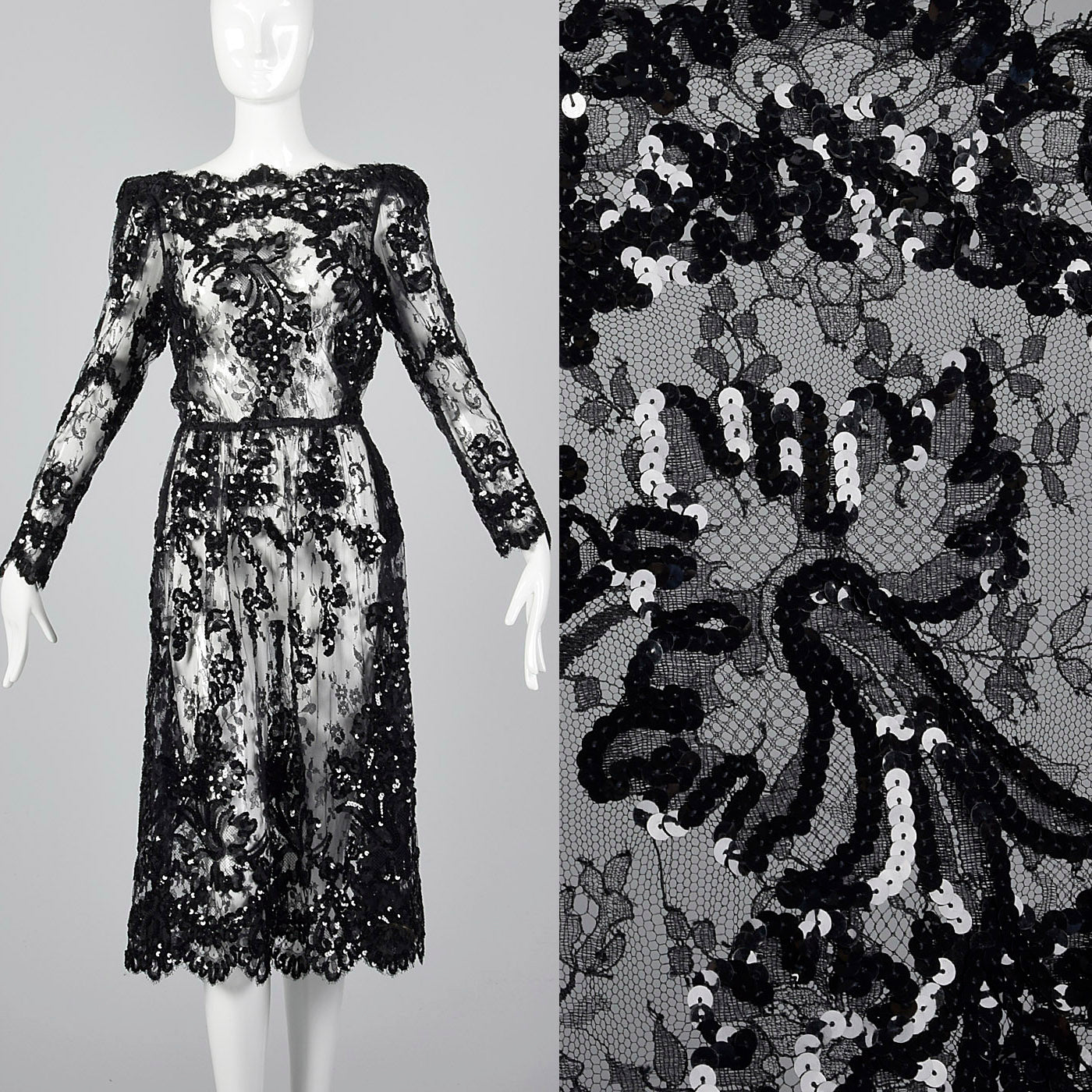 1980s Sheer Black Lace Dress with Sequins & Scalloped Hem