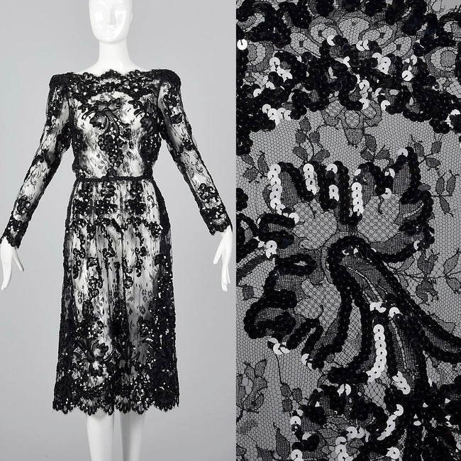 1980s Sheer Black Lace Dress with Sequins & Scalloped Hem