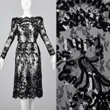 1980s Sheer Black Lace Dress with Sequins & Scalloped Hem