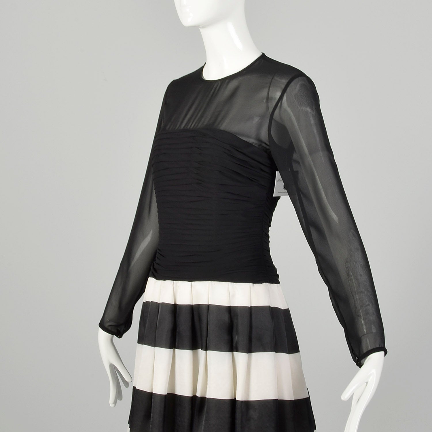 XS 2000s Dress Black Sheer White Stripe Long Sleeve Cocktail Party