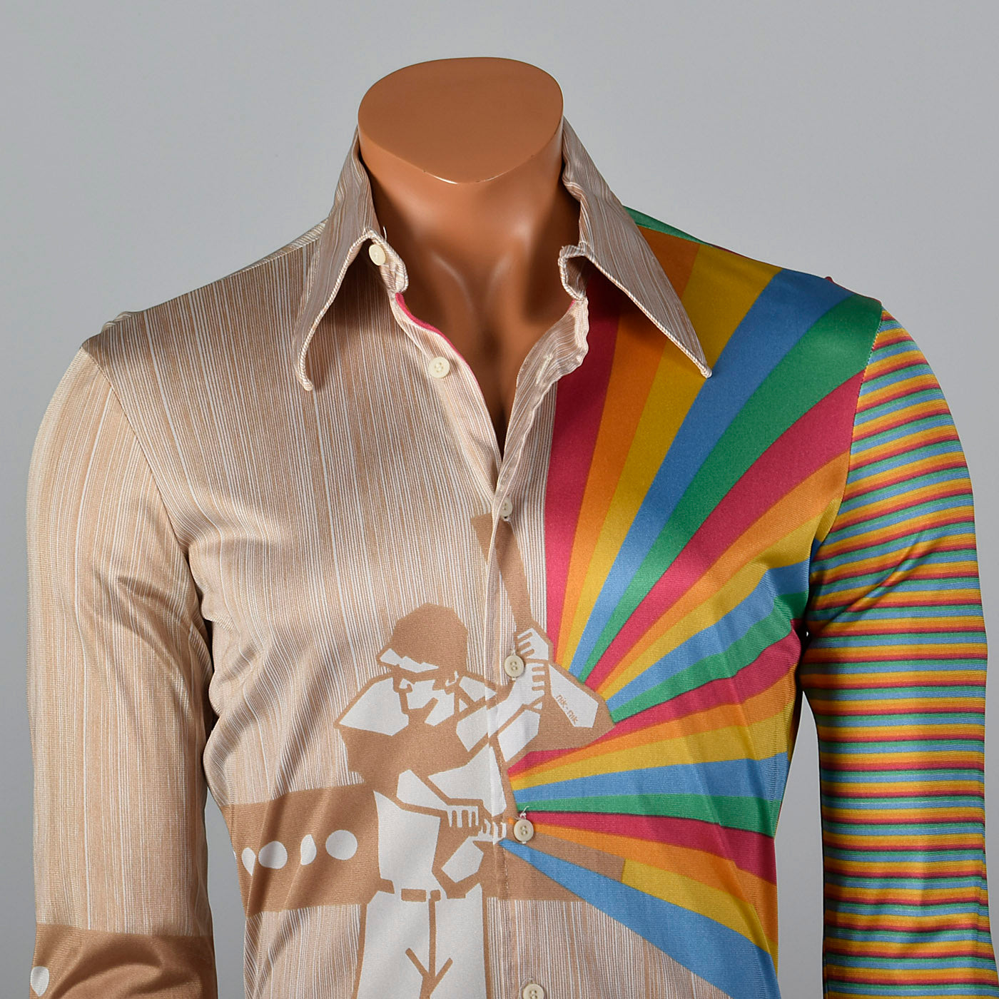 1970s Nik Nik Silky Baseball and Rainbow Print Disco Shirt