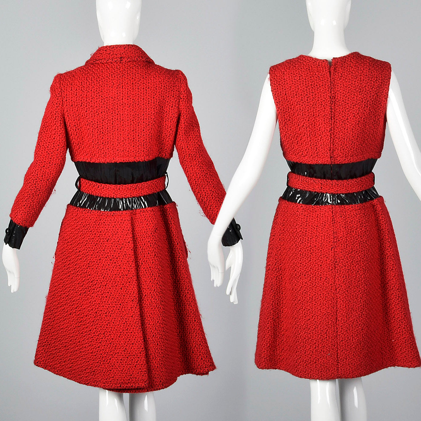 1960s Via Veneto Couture Boutique Red Tweed Space Age Dress & Coat Set