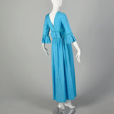 Small 1960s Dress Modest Casual Ruffle Sleeve Blue Maxi