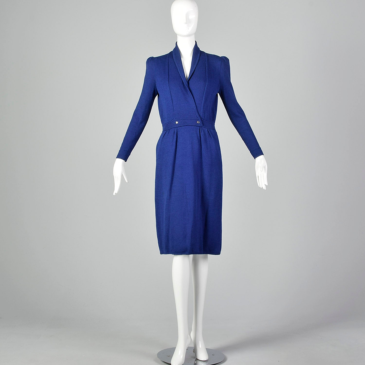 St. John 1980s Blue Faux Wrap Knit Dress