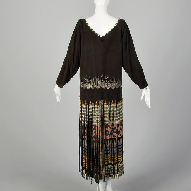 XL Suede Leather Dress 1980s Leopard Fringe Wild Cat Long Sleeve