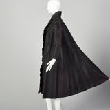 XS 1980s Black Taffeta Wrap Coat Lightweight with Ruffle Trim