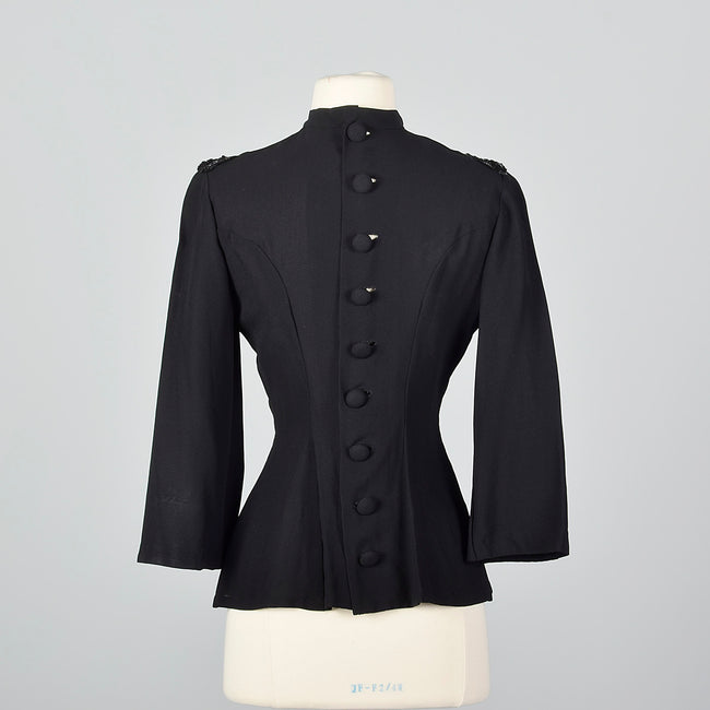 1940s Black Fitted Blouse with Sequin Trim