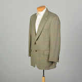 Large 1970s Green Copper Herringbone Plaid Blazer Two Button Front Single Vent Back Welt With Flap Pockets