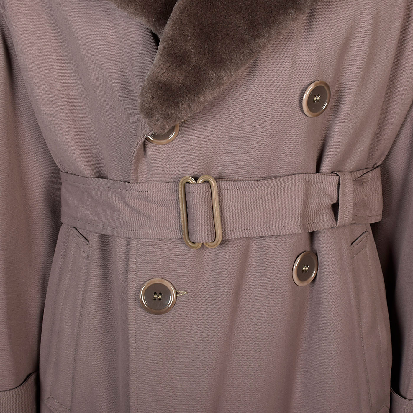 1940s Mens Taupe Gabardine Overcoat with Faux Fur Collar