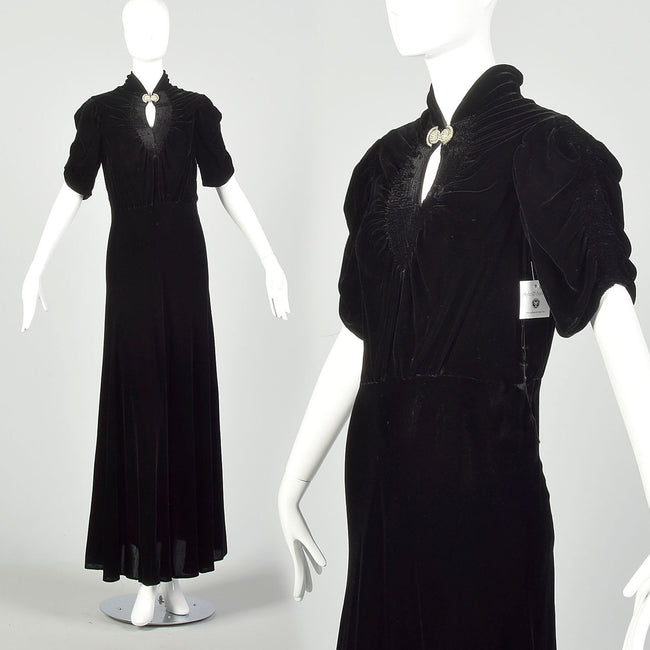 Small 1930s Dress Formal Black Silk Velvet Keyhole Neckline Evening Gown