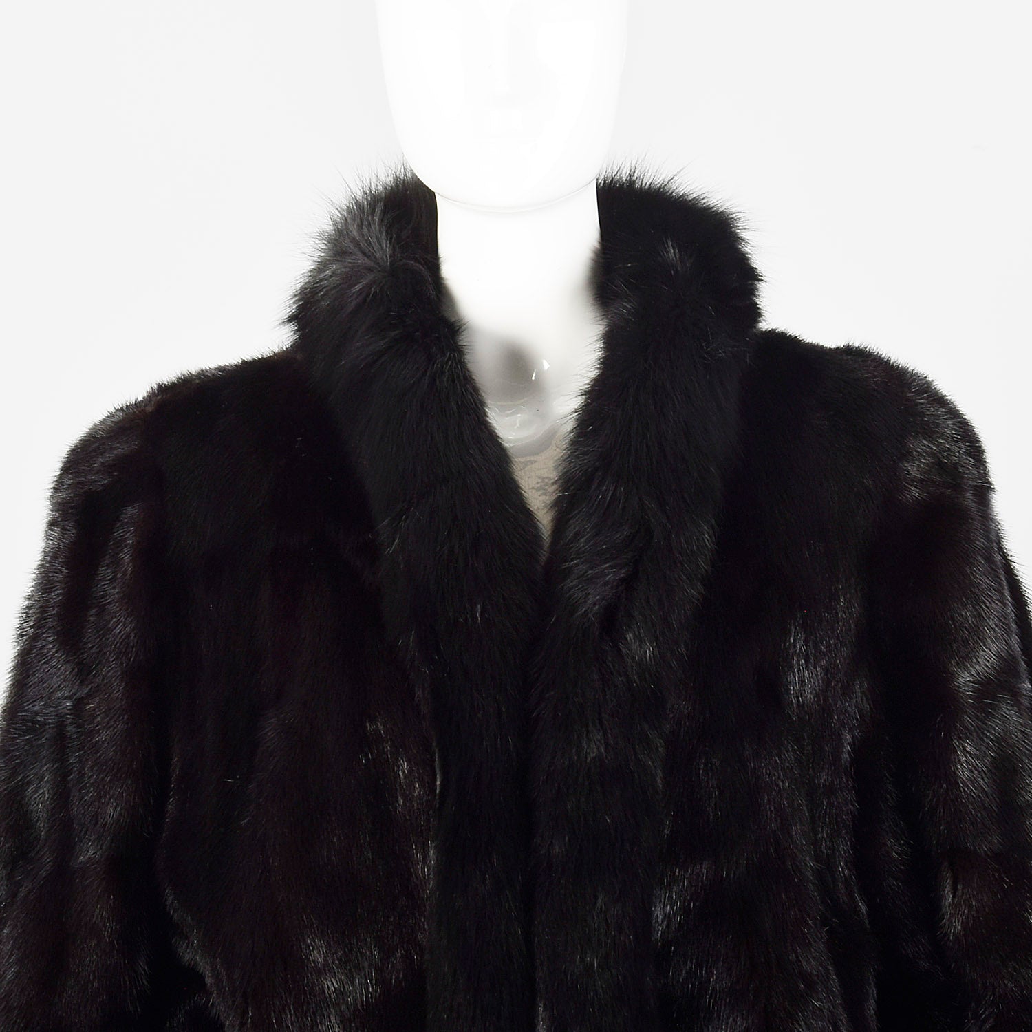 Large 1980s Black Mink Coat with Fox Fur Lapel