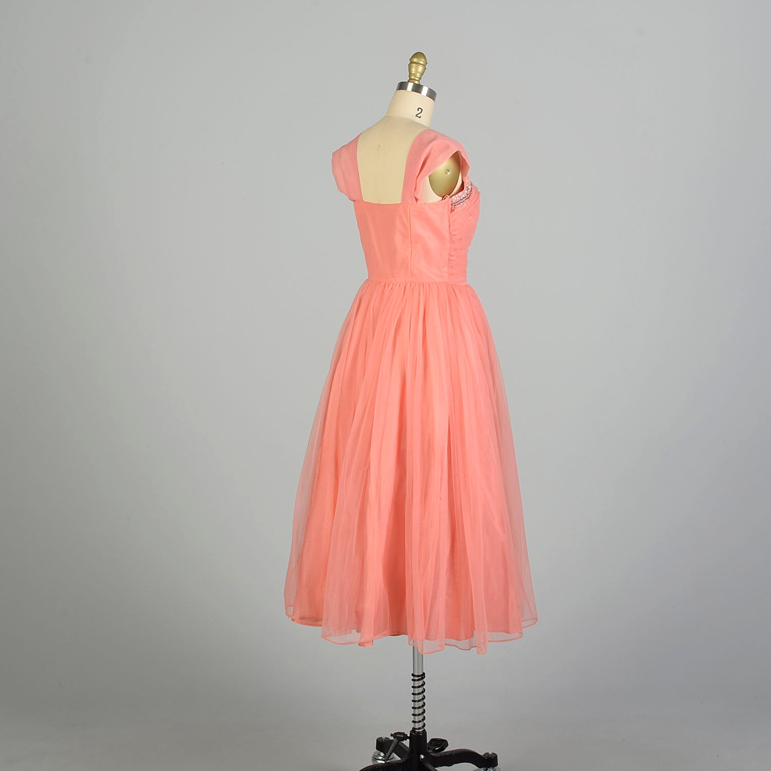 Small 1950s Pink Coral Prom Dress Bead Embellished Ruched Chiffon Bodice