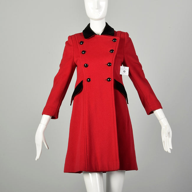 XXS 1980s Christian Dior Coat Mod Military Double Breasted Babydoll Red Winter Designer Outerwear