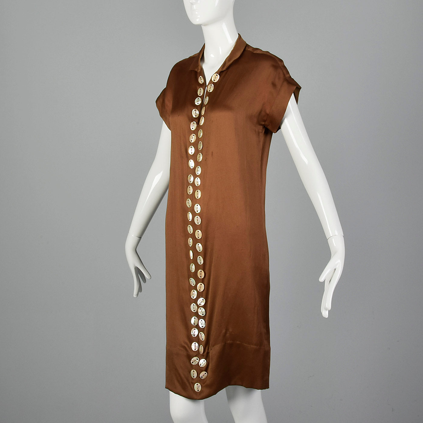 1920s Brown Silk Dress with Mother of Pearl Buttons