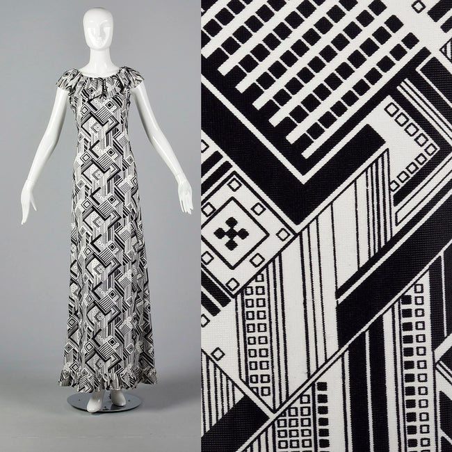1970s Black and White Print Maxi Dress