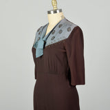 XL 1940s Dress Blue and Brown Volup Rayon with Beading