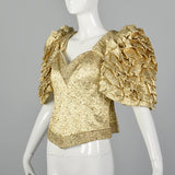 Medium 1980s Metallic Gold Lamé Evening Top with Ruffle Short Sleeves