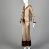 1930s XS Brown Lace Long Sleeve Drop Waist Velvet Trim Dress