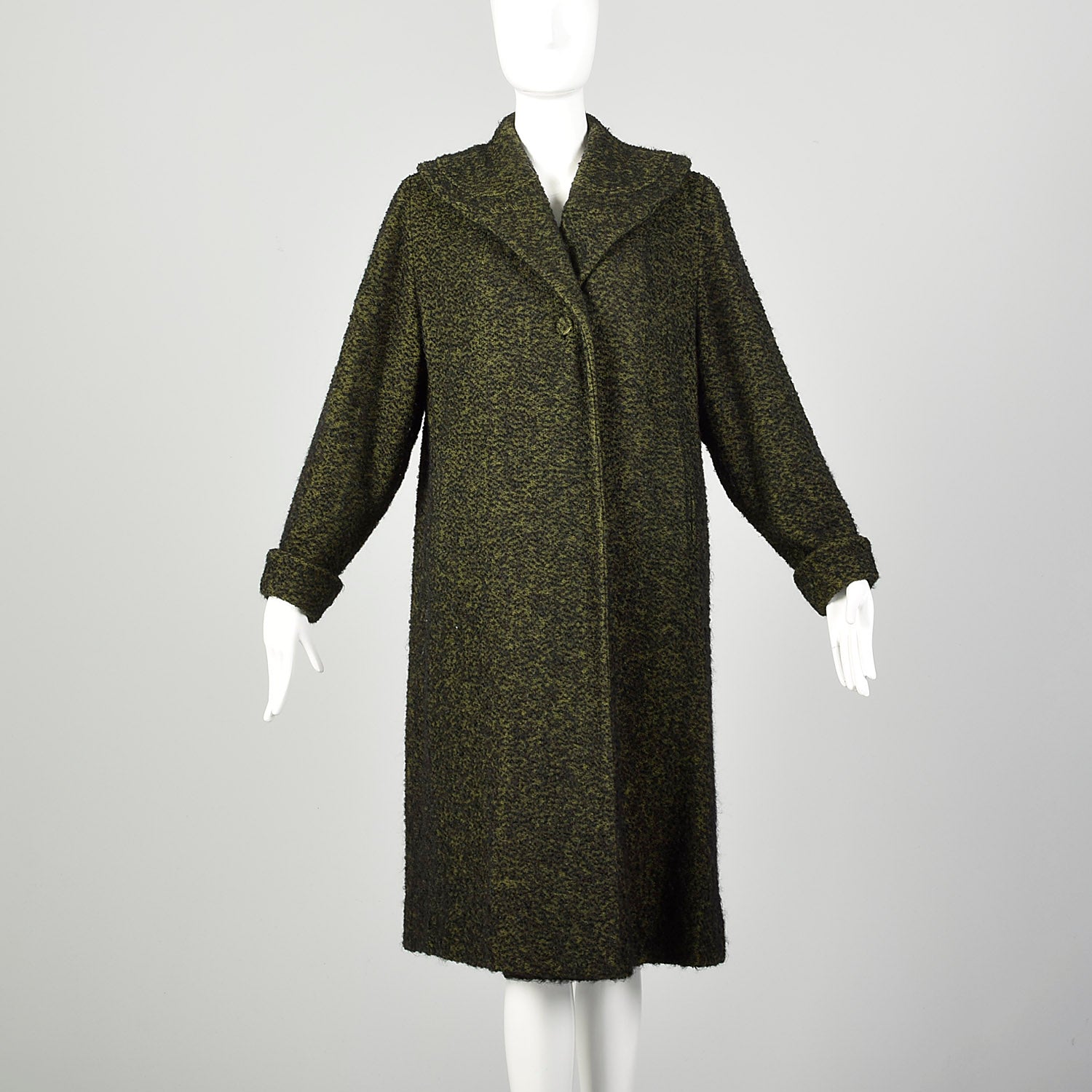 Large 1950s Swing Coat Green Boucle Wool Tweed Shawl Collar Vintage Winter Outerwear