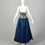 Medium 1990s Oleg Cassini Black Tie Blue Formal Gown Beaded Sweetheart Neckline
