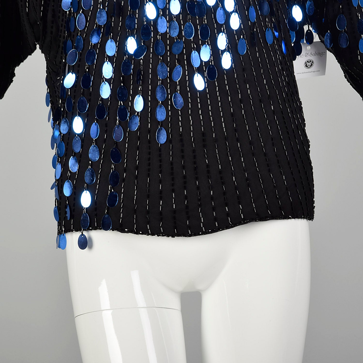 Medium 1980s Black and Blue Dolman Top Beaded Sequin Paillettes